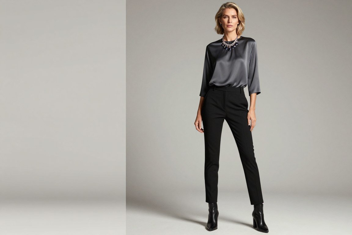 Black cigarette pants with elegant tunic top ensemble