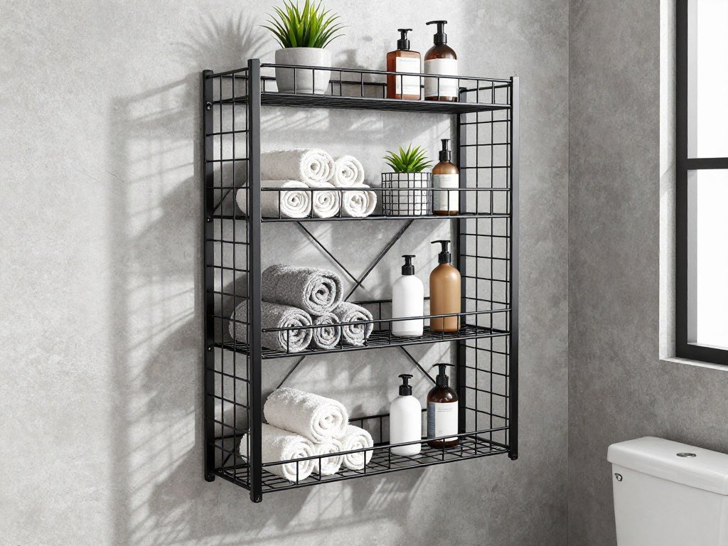 Black metal wire shelving unit above toilet with industrial style
