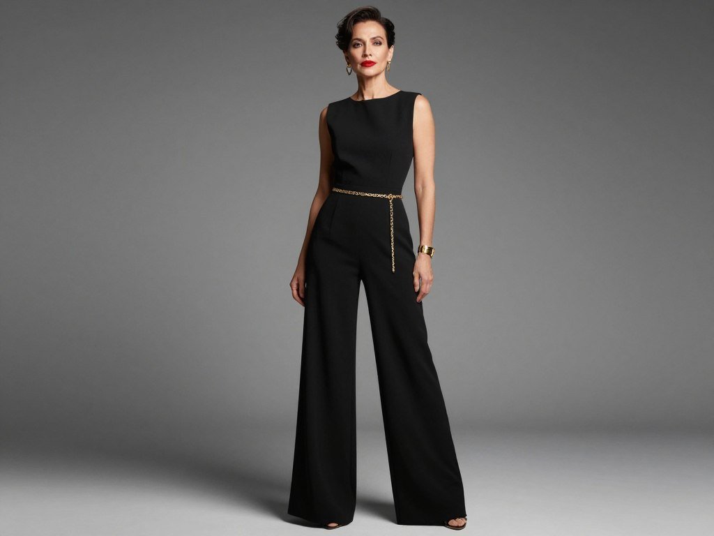 Black tailored jumpsuit with wide legs and statement belt
