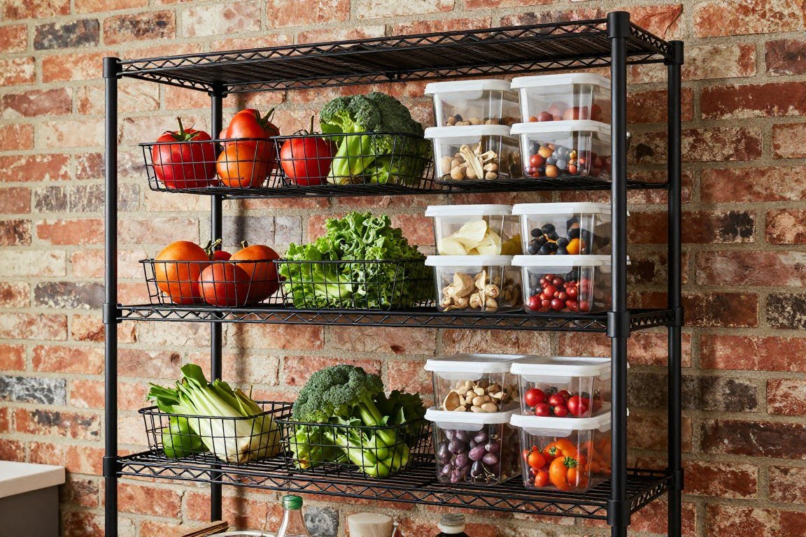 Black wire basket shelving system in industrial kitchen storing produce and containers