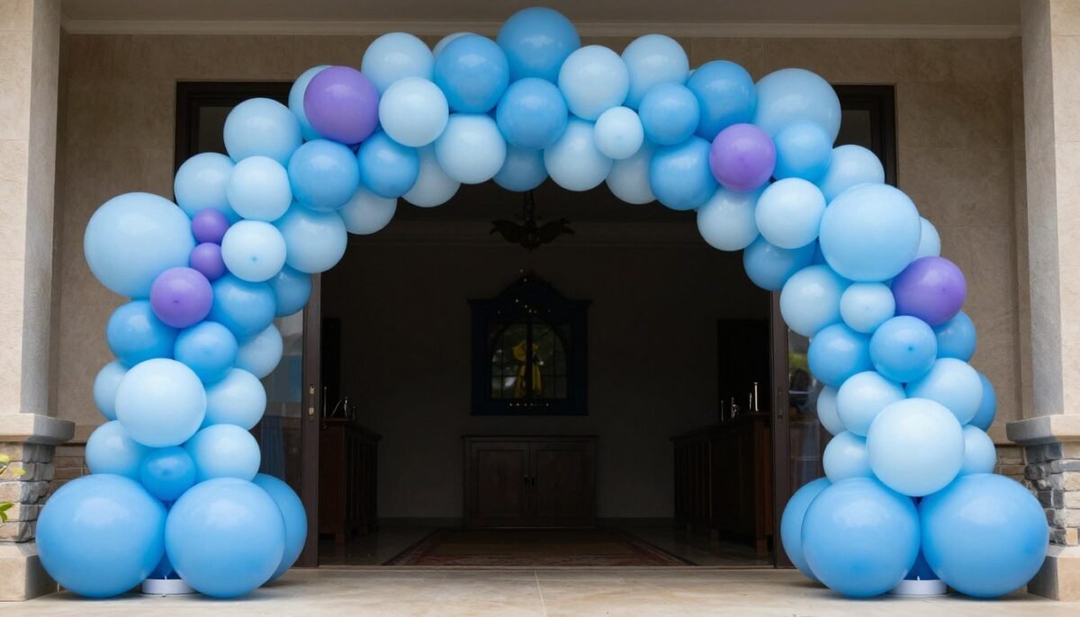 Blue balloon arch shaped like caterpillar from Alice in Wonderland