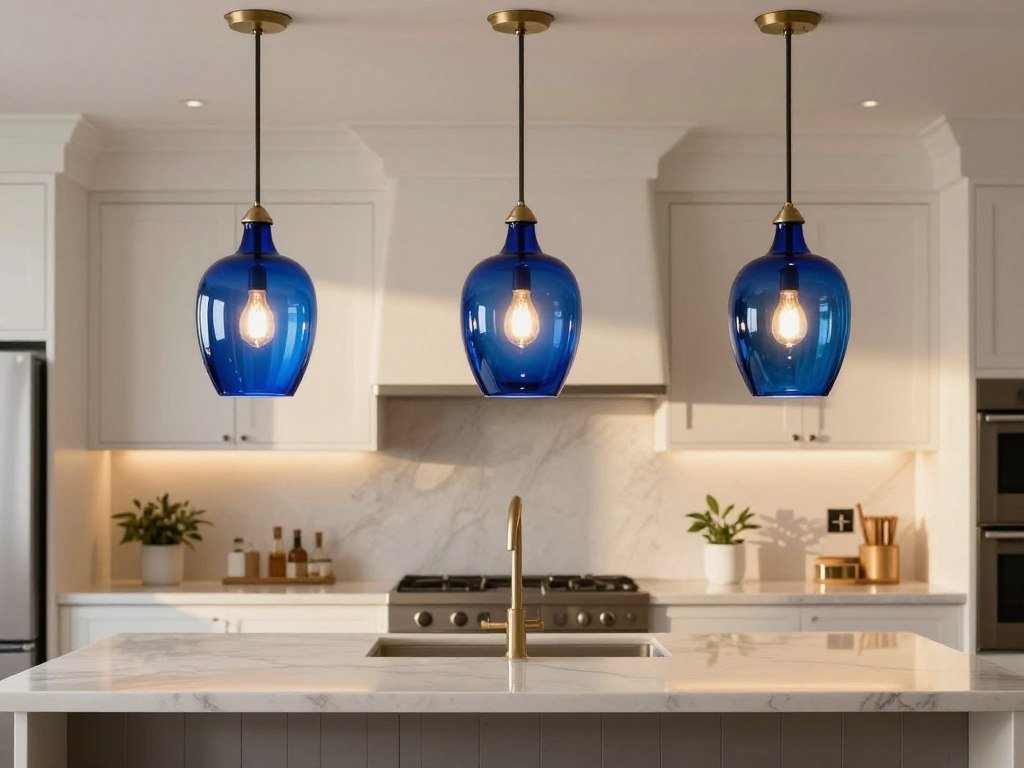 Blue glass pendant lights hanging over white kitchen island