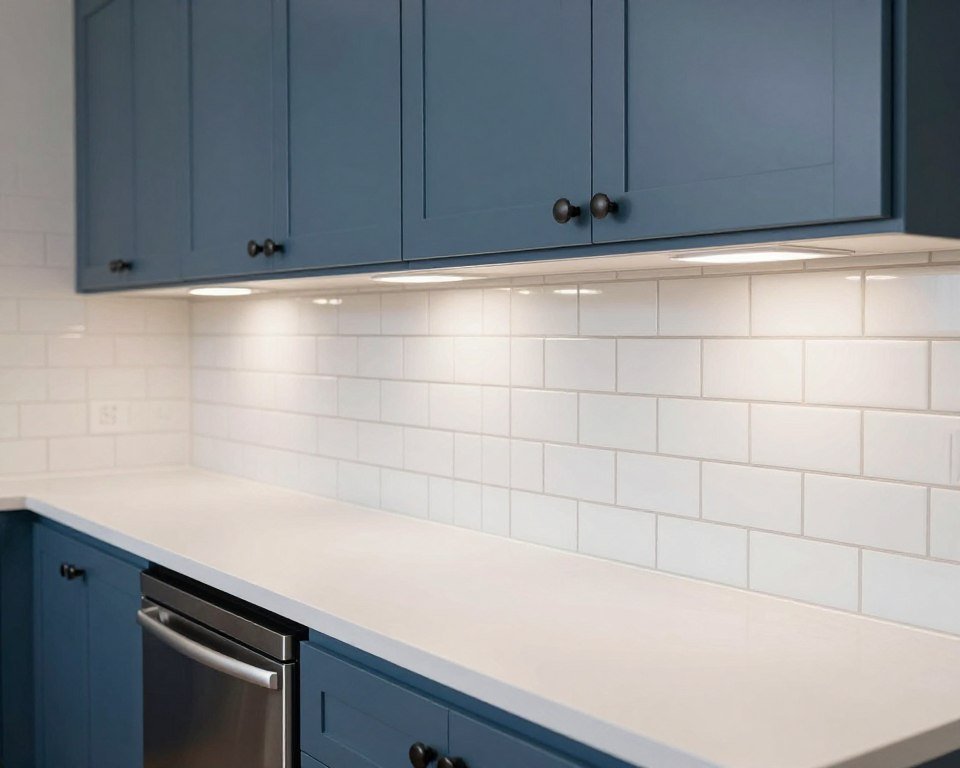 Blue kitchen cabinets with classic white subway tile backsplash