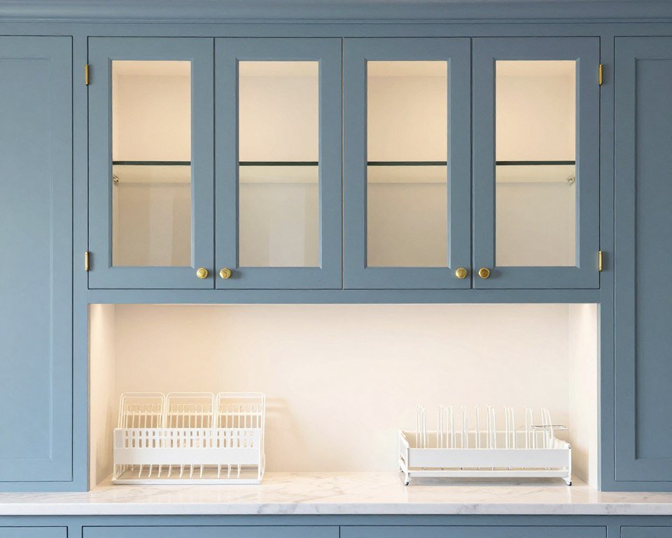 Blue kitchen cabinets with glass front doors displaying white dishes