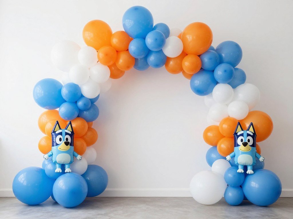 Bluey balloon arch in blue and orange colors