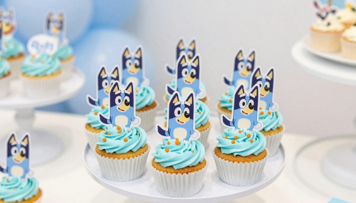 Bluey cupcakes with character decorations