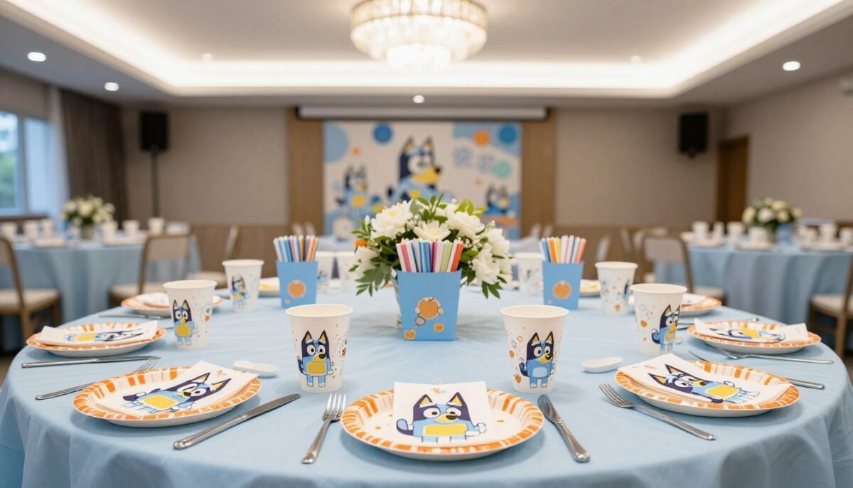 Bluey themed table setting with paper plates and napkins