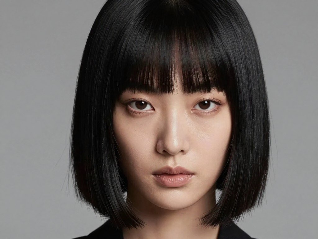 Blunt full bangs paired with medium length bob haircut