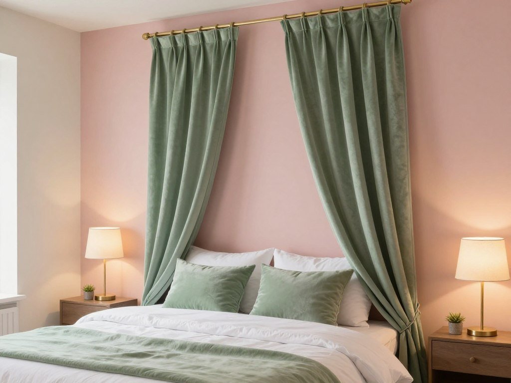 Blush pink accent wall bedroom with sage green textiles