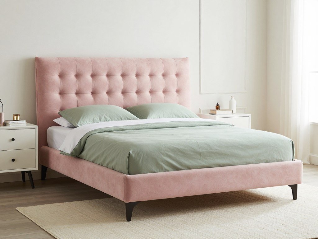 Blush pink bed frame with sage green bedding