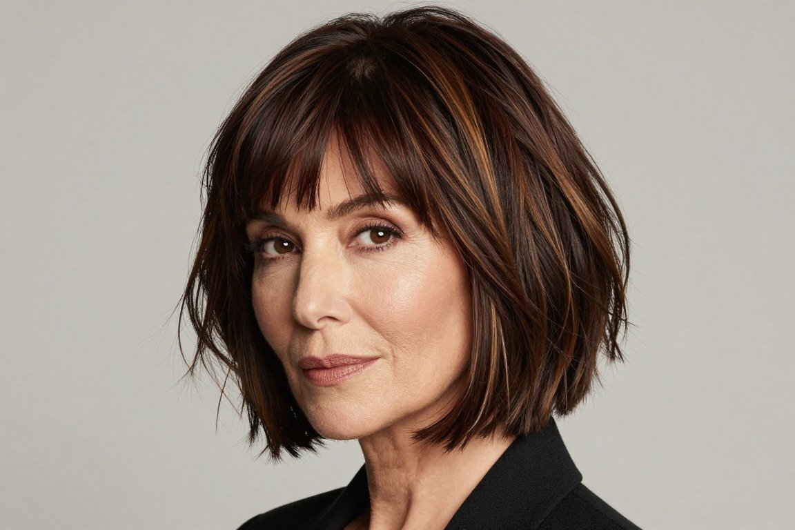 Bob with textured piece-y fringe for women over 50
