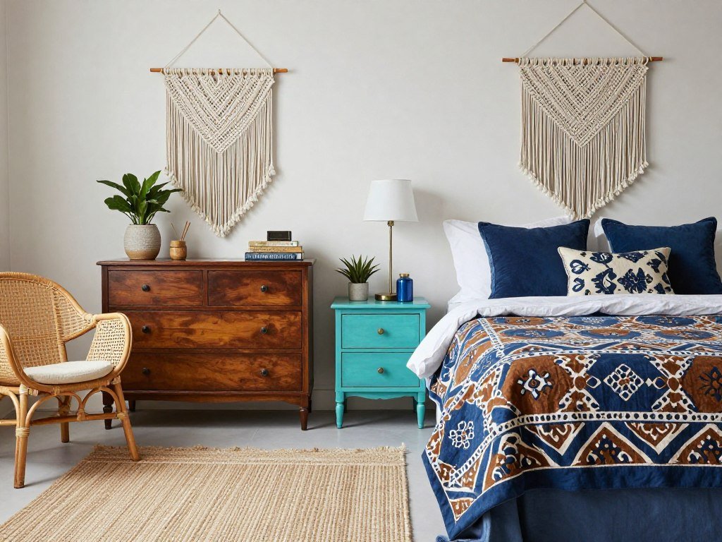 Bohemian bedroom with mixed blue shades and brown wood tones