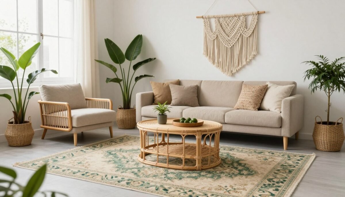 Bohemian living room with green and beige layered rugs and plants
