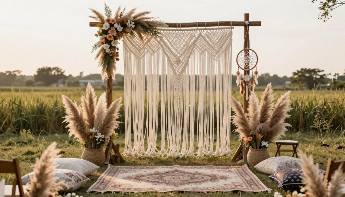 Bohemian wedding setup with macrame and pampas grass