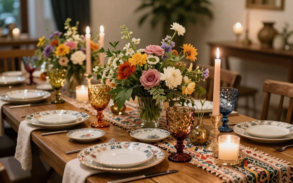 Bohemian wedding table setting with eclectic decorations
