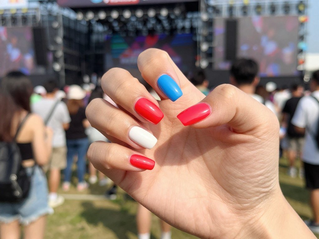 Bold neon gel nail designs in patriotic colors for modern 4th of July style