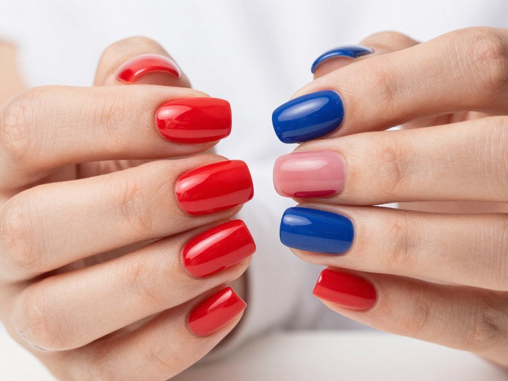 Bold two-tone gel nail designs splitting patriotic colors for graphic impact