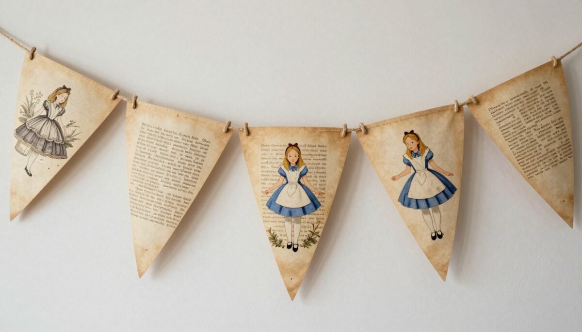 Book page bunting made from Alice in Wonderland story pages
