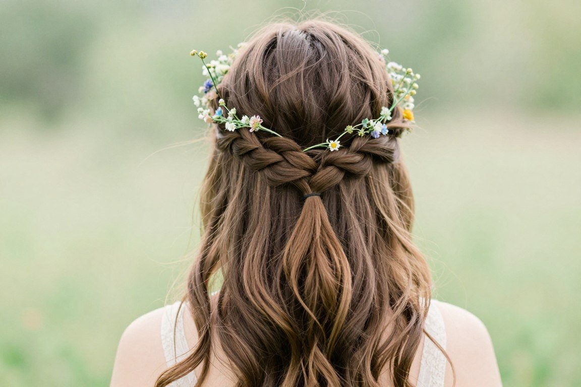 Braided half-up crown prom hairstyle with flowers