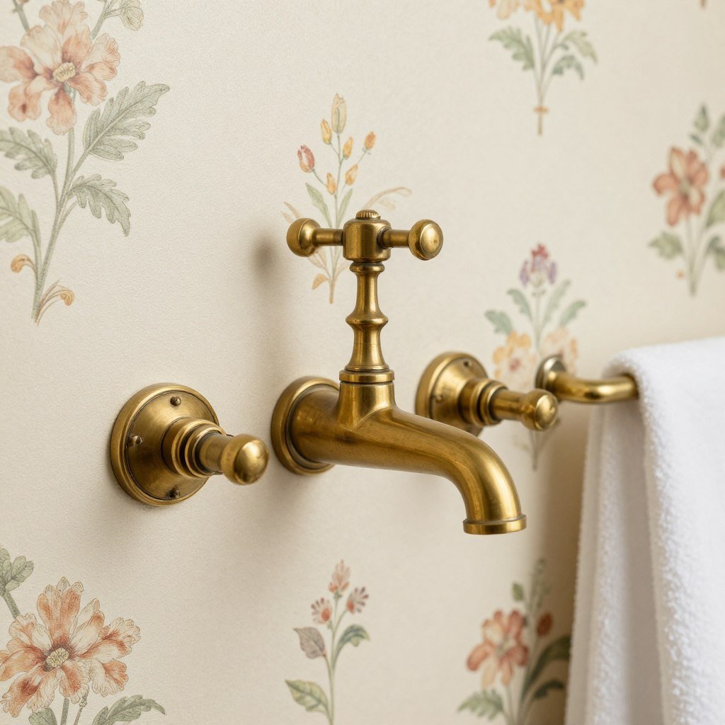 Brass vintage-style fixtures complementing floral wallpaper