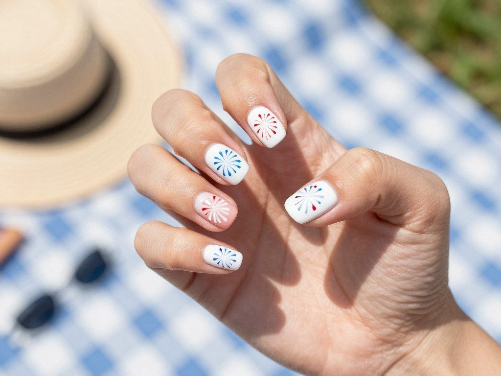 Bright colorful gel nail designs with multiple small firework burst patterns