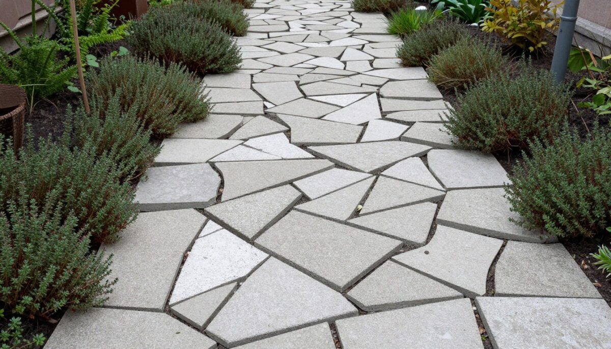 Broken concrete mosaic pathway with planted gaps Broken concrete mosaic pathway with planted gaps