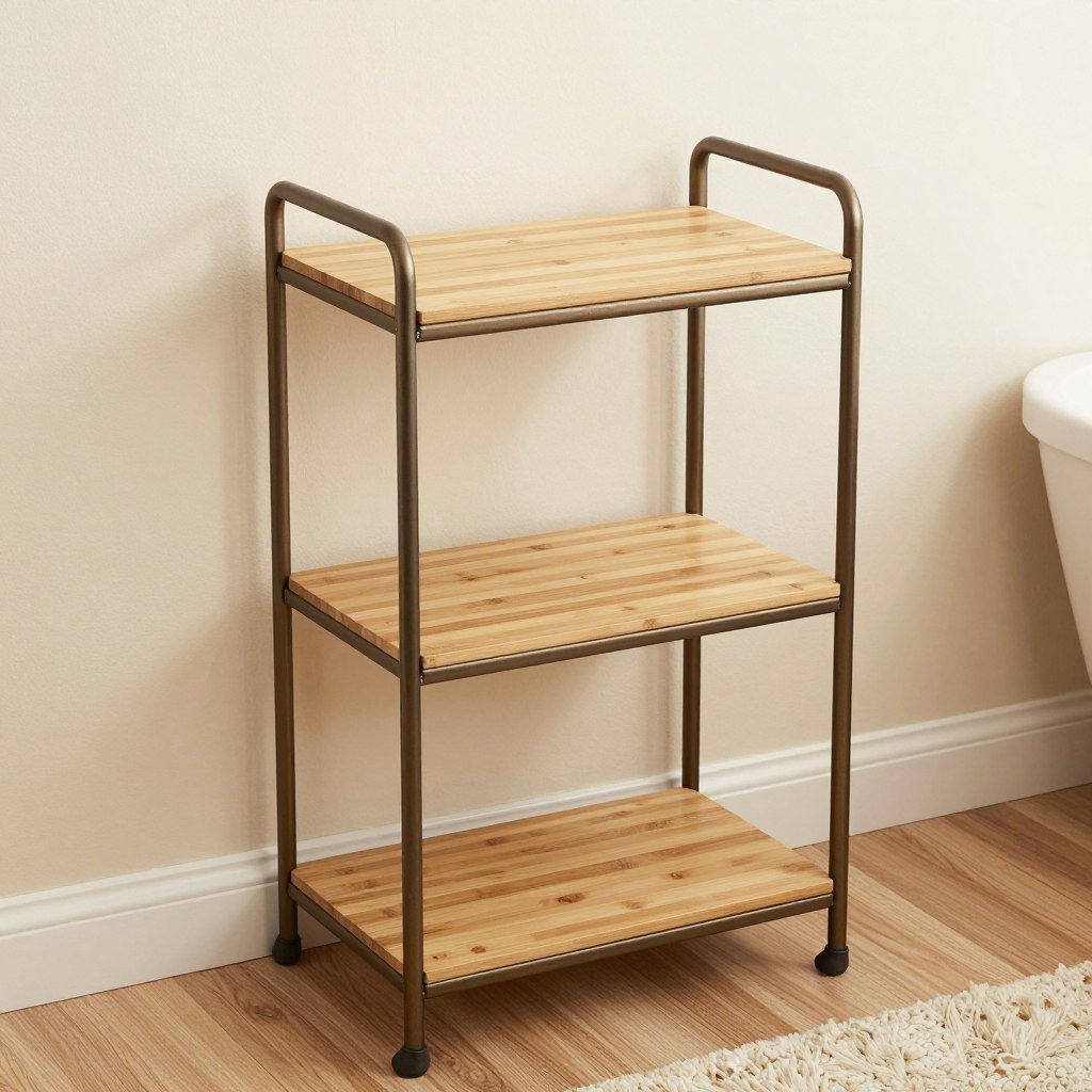 Bronze finish bathroom space saver with bamboo shelves