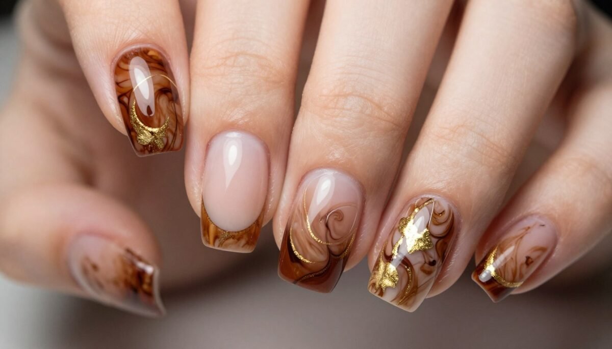 Brown and gold marble French tips with artistic swirled pattern