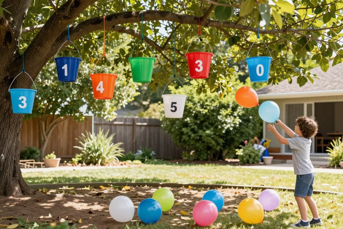 Buckets hung at different heights for water balloon basketball game