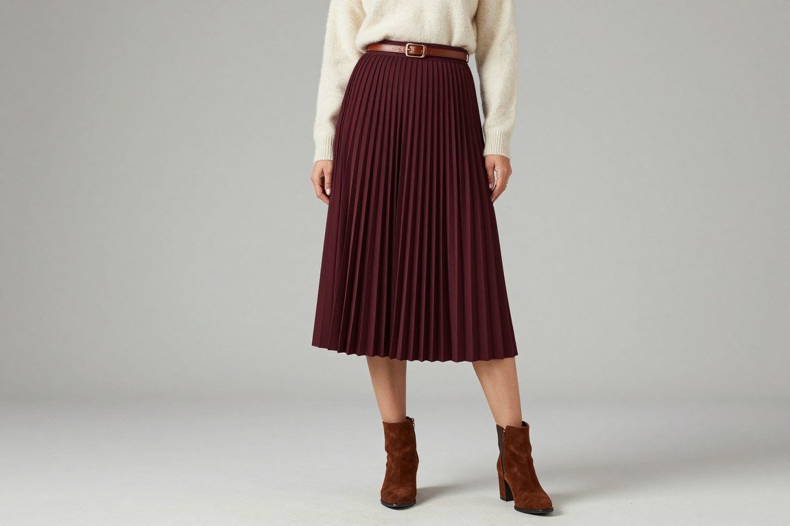 Burgundy midi skirt with tucked cream sweater outfit