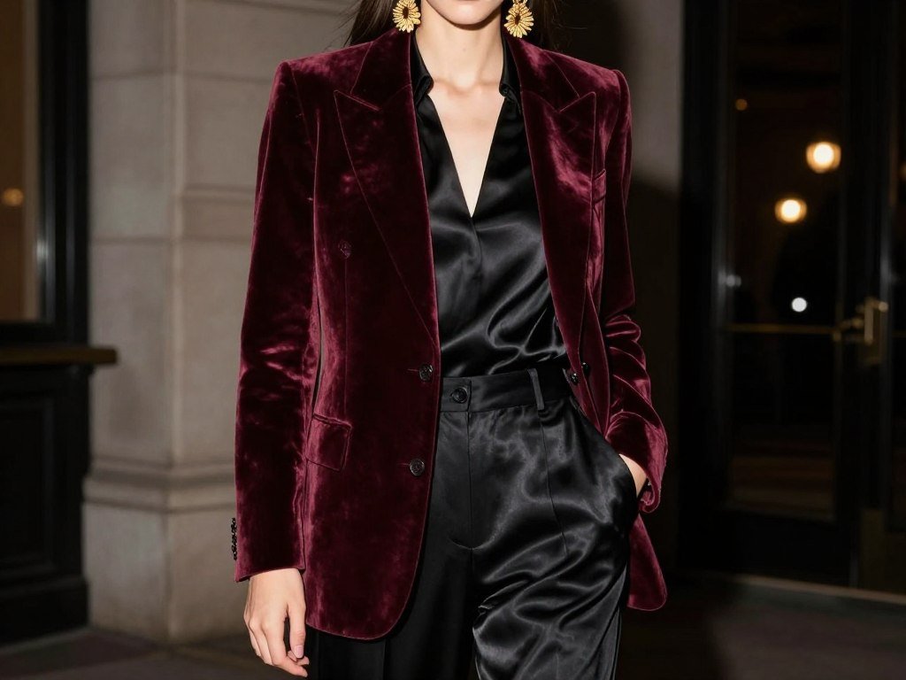 Burgundy velvet blazer with silk trousers evening outfit
