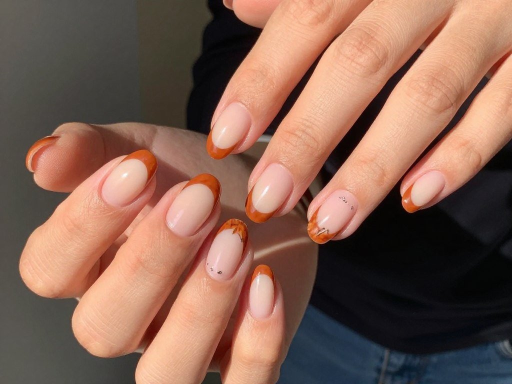 Burnt orange French tips on oval nails with cream base color for fall season