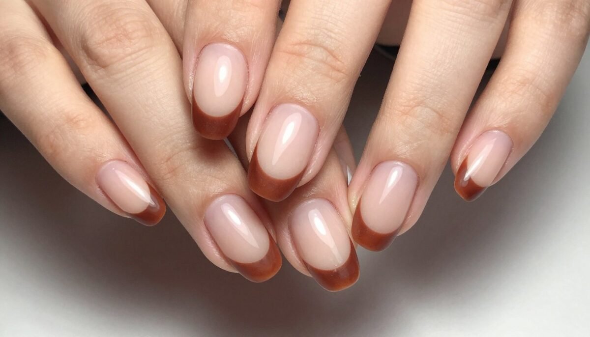 Burnt sienna French tips on coffin nails with warm reddish-brown tone