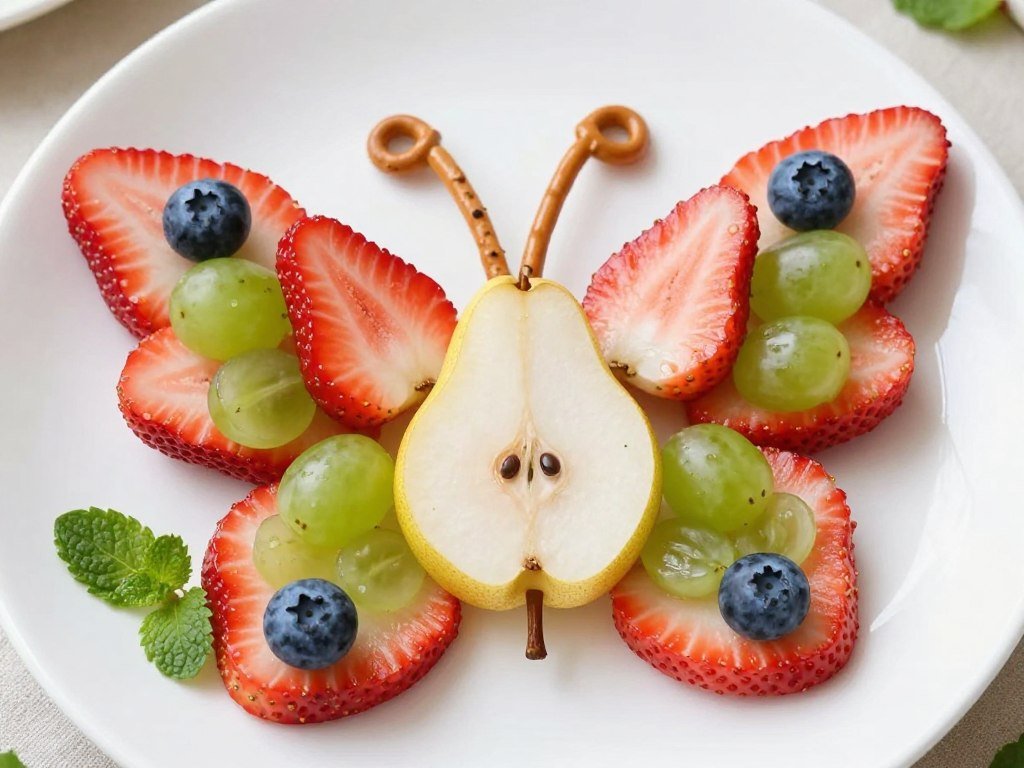 Butterfly-shaped fruit arrangement with colorful wings