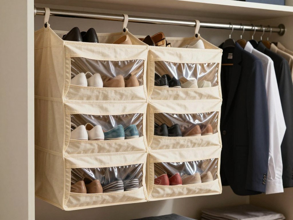 Canvas hanging shoe organizer with multiple compartments in organized closet
