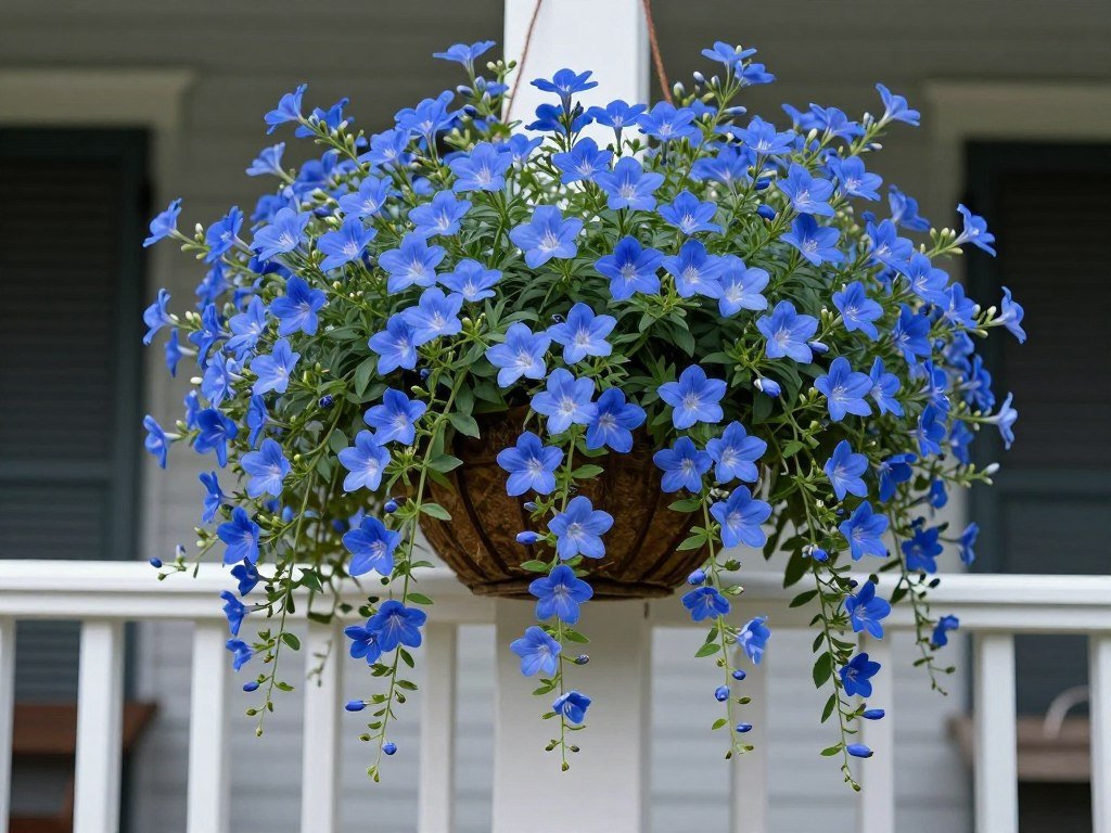Cascading blue lobelia hanging basket with delicate flowers covering porch railing