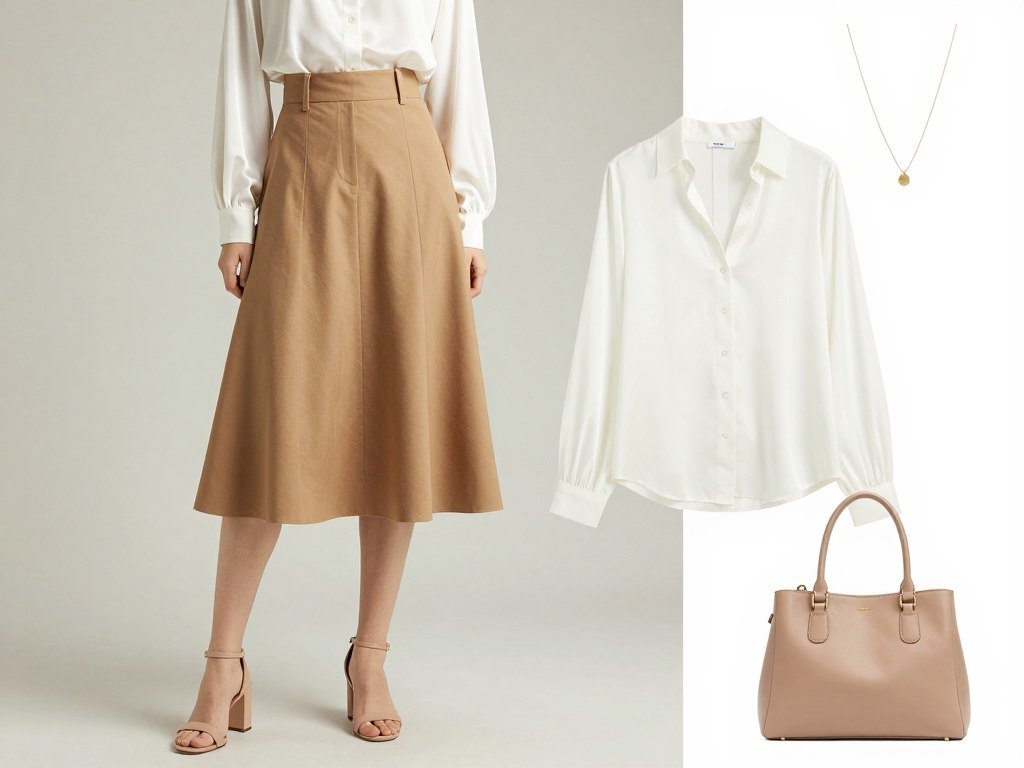 Casual chic outfit with high-waisted midi skirt and tucked blouse