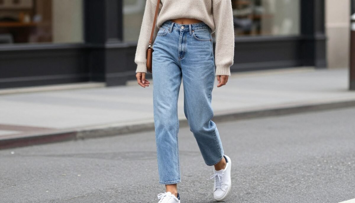 Casual outfit for long legs short torso with high-waisted jeans and cropped sweater