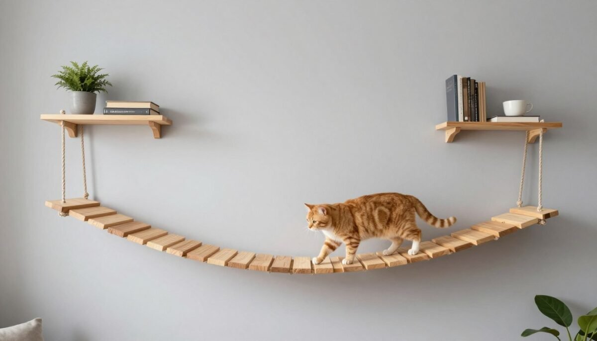 Cat bridge connecting two wall-mounted shelves across living room wall Cat bridge connecting two wall-mounted shelves across living room wall