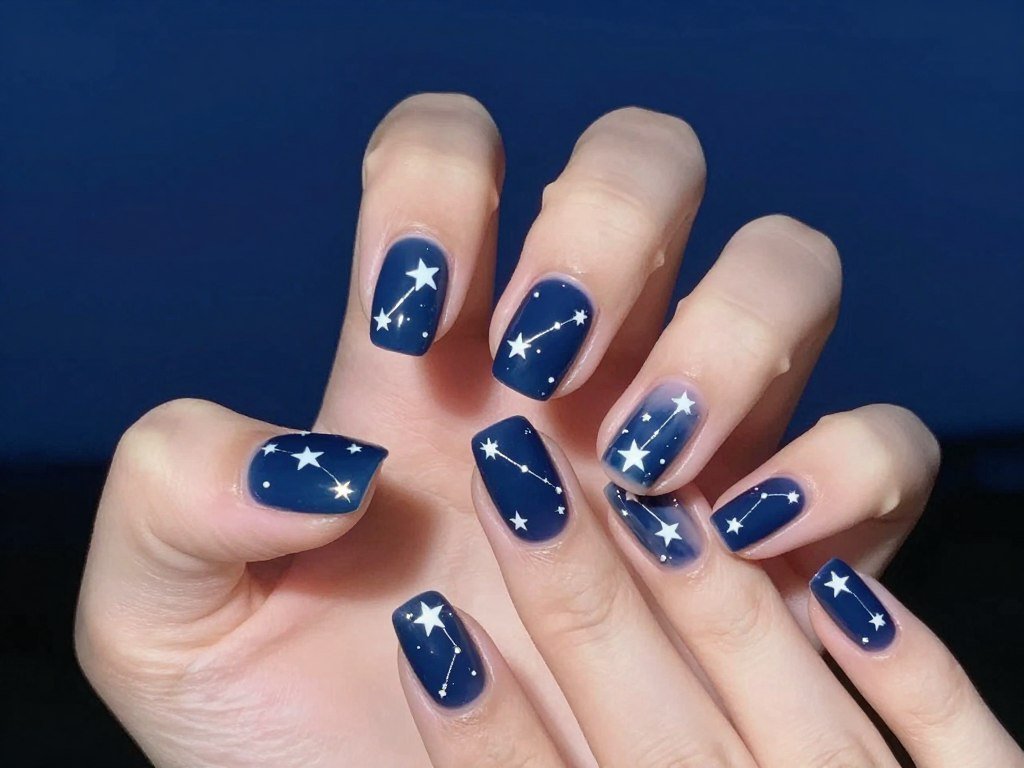 Celestial 4th of July gel nail designs with constellation patterns connecting stars