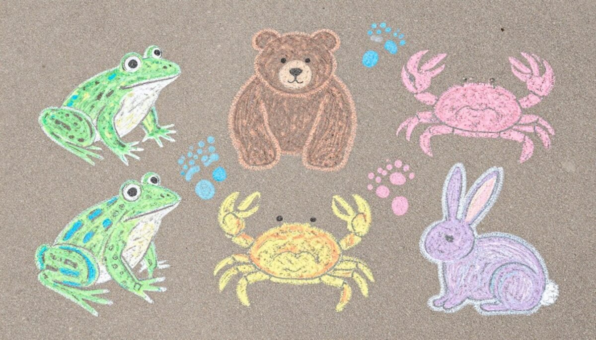 Chalk drawings of different animals on pavement with footprint patterns Chalk drawings of different animals on pavement with footprint patterns