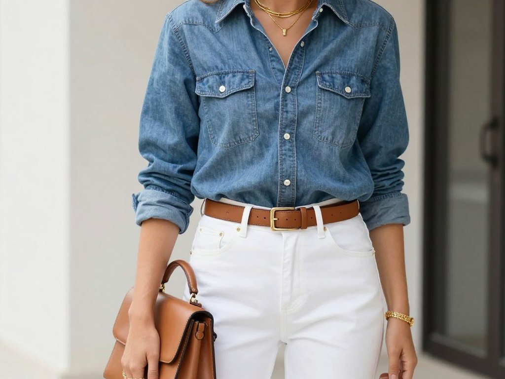Chambray shirt with white jeans and tan accessories