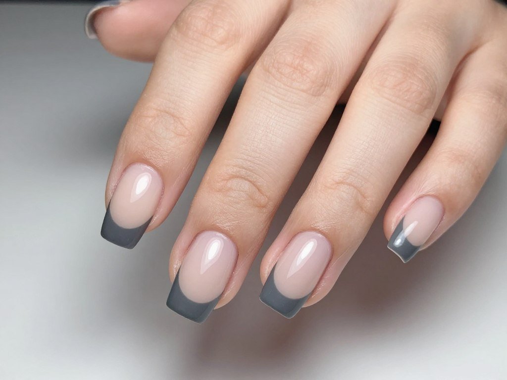 Charcoal grey French tips on square nails with modern minimalist style