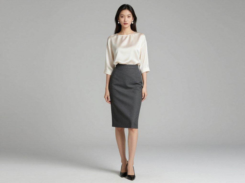 Charcoal pencil skirt with ivory silk shell top