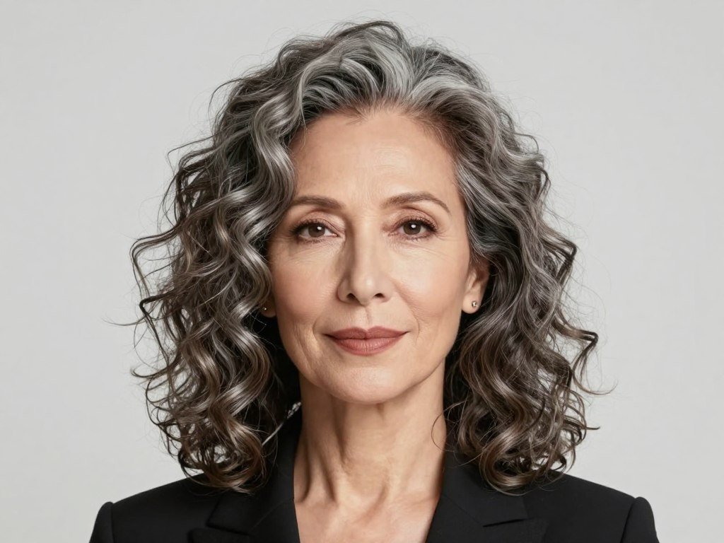 Chest-length loose curly hair on mature woman