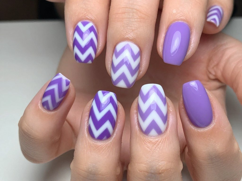 Chevron zigzag pattern in purple and white on nails