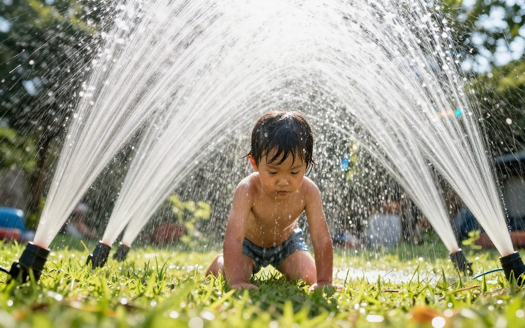 Child crawling through tunnel created by spraying garden hoses