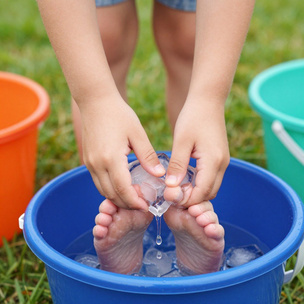 Child transferring ice cubes with feet in water party game