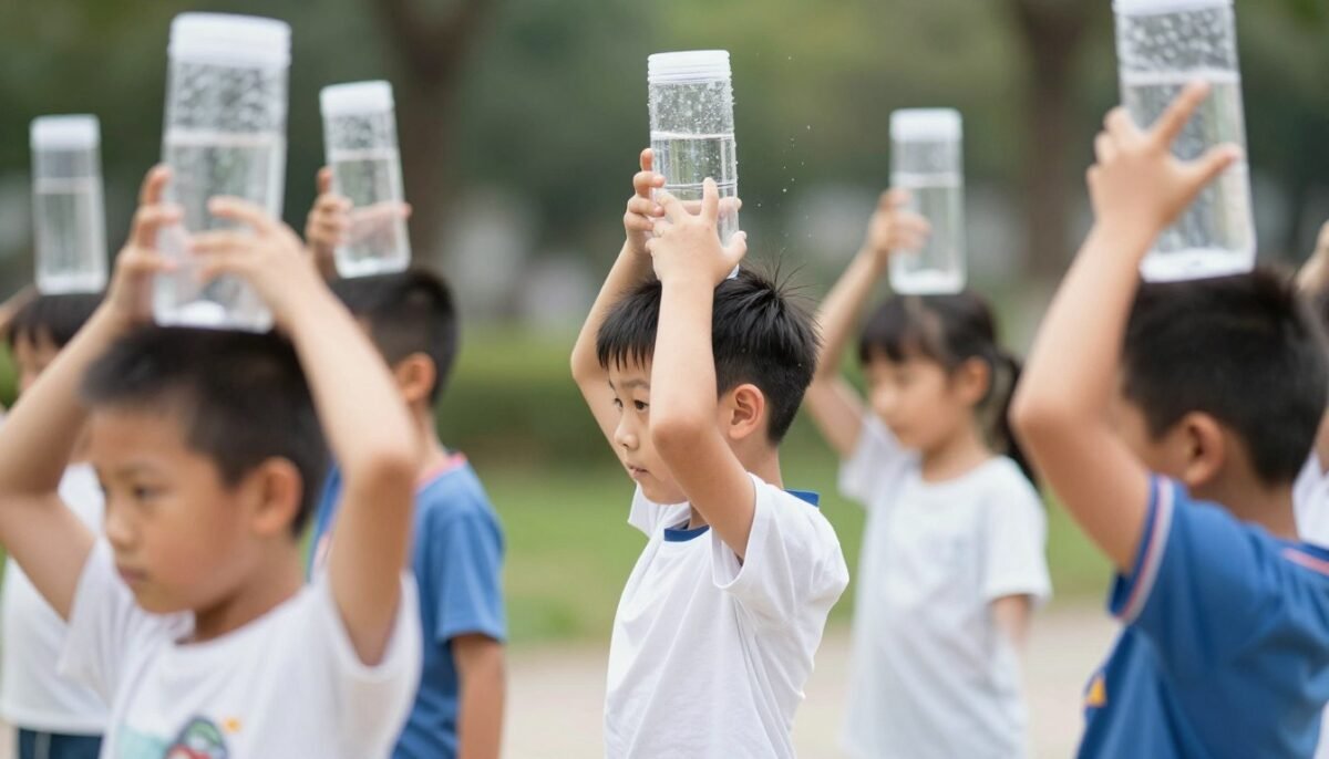 Children balancing cups of water on heads during relay race