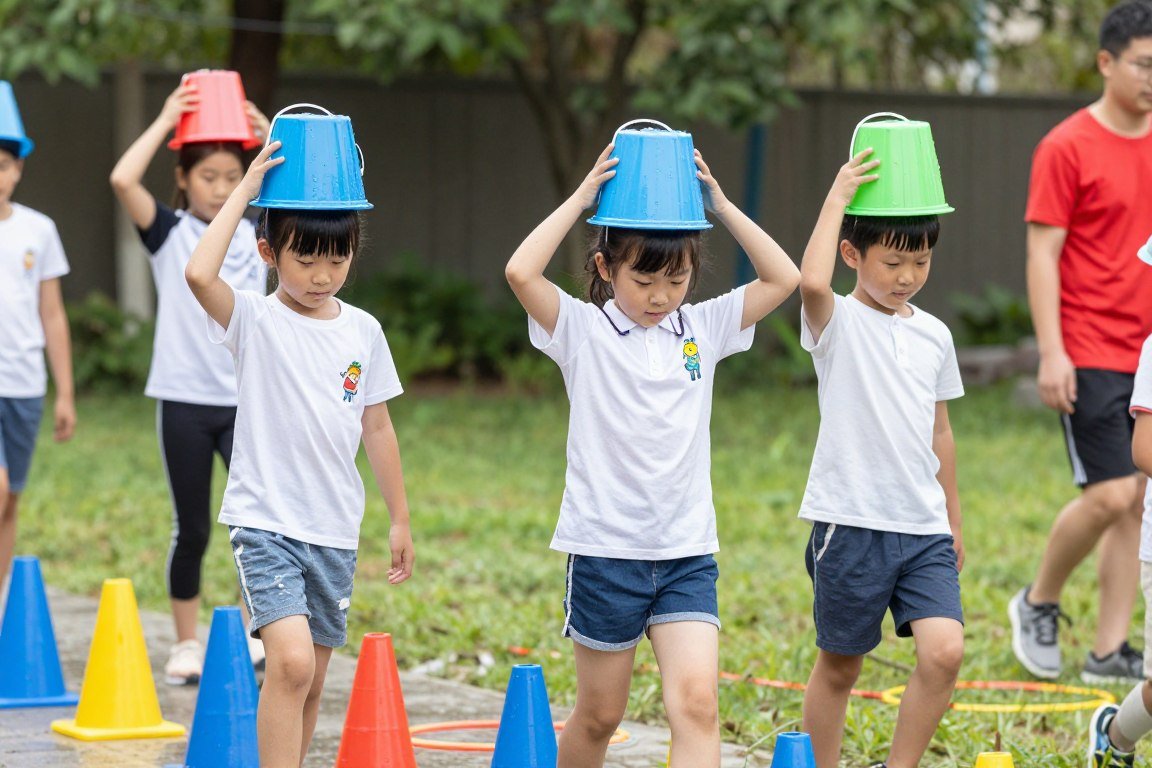 Children balancing water buckets on heads during obstacle relay